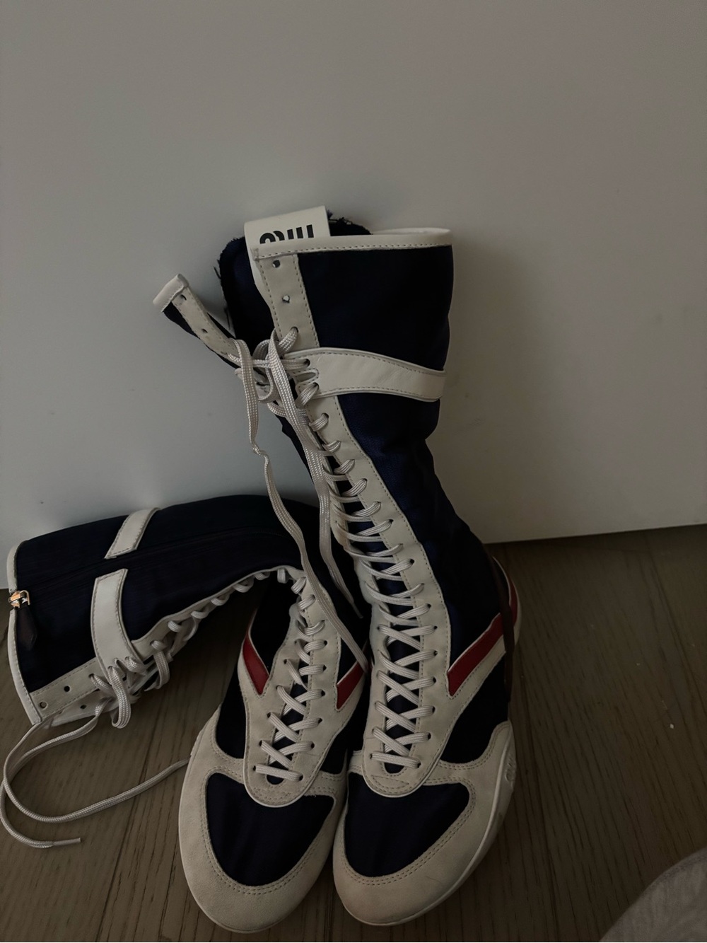 Miu Miu Navy, White and Red High-Top Sneakers - Picture 3 of 3